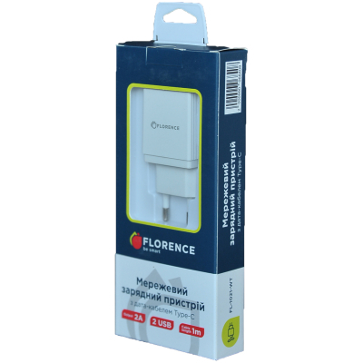 Зарядний пристрій Florence 2USB 2A + Type-C cable white (FL-1021-WT)
