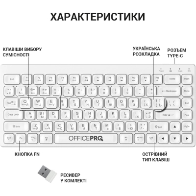 Клавіатура OfficePro SK955W Wireless/Bluetooth White (SK955W)