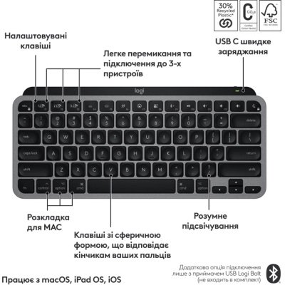 Клавіатура Logitech MX Keys Mini для MAC Wireless UA Space Grey (920-012652)