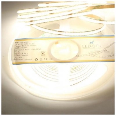 Світлодіодна стрічка LED-STIL 4000K 7 Вт/м COB 320 діодів IP33 24 Вольта 650 lm нейтральне світло, вузька (UC4-24-320-5-90)